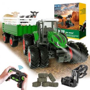 Tracteur RC Télécommandé Jouet à partir de 2 3 4 5ans (Pack set complet) Vache Mouton et Botte de foin Tracteur avec remorque