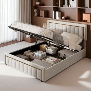 Lit Rembourr&eacute; Velours 160x200cm Lit Coffre Double Adulte avec Sommier &agrave; Lattes et T&ecirc;te de Lit en Fil Dor&eacute; Beige