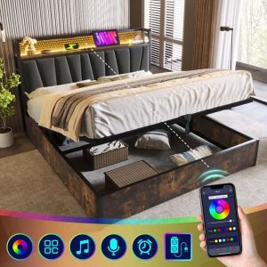 Lit adulte Lit coffre 180x200 cm Lit rembourré lit en métal LED App Control lit double sommier à lattes en bois Gris