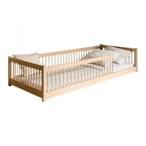 Lit enfant lit au sol 90x200 cm avec matelas barrière de sécurité et sommier pin massif design Naturel