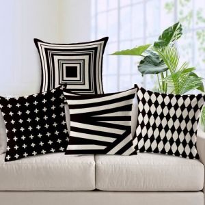 Housse de coussin géométrique en lin noir et blanc - Bureau et voiture - 45 x 45 cm