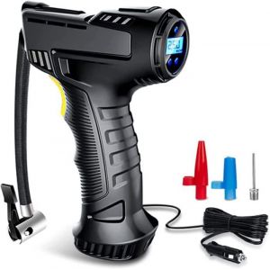 Compresseur dair Portatif Gonfleur Pneus Voiture 12v DC Fil Allume Cigare3 Adaptateurs de Buses avec Ecran LCD et Lampe LED