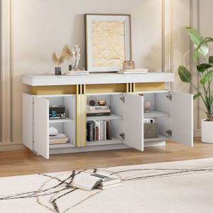Buffet bas 140&times;38&times;70 cm avec s&eacute;parateurs r&eacute;glables Buffet salon avec 3 portes Buffet de cuisine en blanc Coutures platine