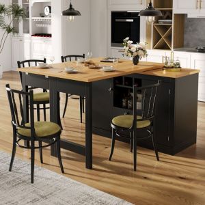 Table de bar escamotable avec rangement et pivotante &agrave; 360&deg; longueur r&eacute;glable (120-180 cm) &icirc;lot de cuisine avec cave &agrave; vin noir