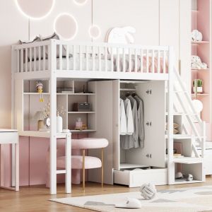 Lit mezzanine superposé 90x200 lit enfant-grande armoire et tablelit mezzanine 1 place - escalier de rangement étagèresPinBlanc