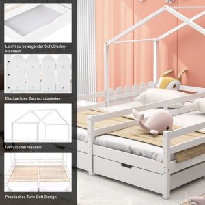 Feuille &eacute;paissie Lit de maison lit double lit denfant lit &agrave; barreaux avec 2 tiroirs en MDF tiroirs sur roulettes sommier &agrave; l