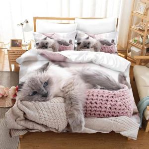 Parure de Lit Chat Imprimé Motif Mignon Chat Housse de Couette avec2 Taies doreiller3D Animal de Compagnie Imprimé