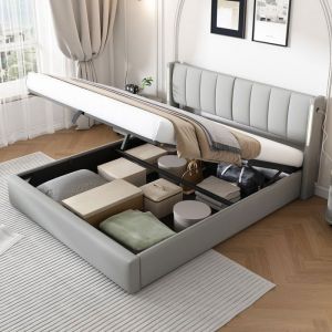 Lit coffre - TKOPY - Lit adulte double 140x190 cm avec LED Lit rembourré avec espace de rangement PU Gris