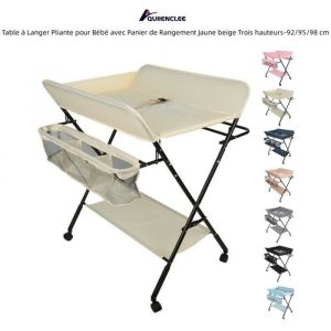 QUIIENCLEE Table à Langer Pliante pour Bébé avec Panier de Rangement Jaune beige Trois hauteurs-92/95/98 cm