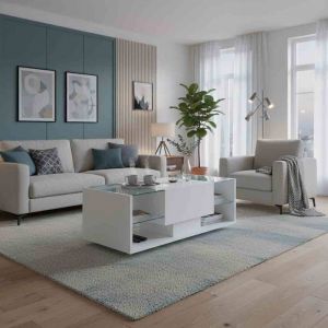 Table Basse LED Blanc Laqu&eacute; - Design Flottant Moderne - 100x50cm - Rangement Tiroir & &Eacute;tag&egrave;res Verre - Contr&ocirc;le App/T&eacute;l&eacute;commande