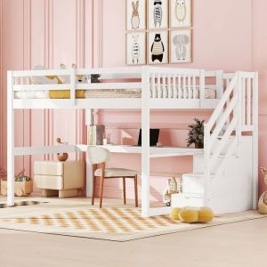 Lit mezzanine 2 places en bois 140x200 lit enfant lit ado escalier de rangement et bureauLit en pin avec sommierblanc