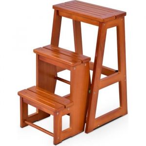 GIANTEX Escabeau Tabouret Pliable 3 Marches en Bois PinTabouret dÉchelle Multifonctionnel Portable pour Adultes/Enfants