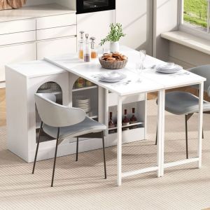 Meuble de Rangement - Table Bar Extensible - Pivotante 360&deg; - Porte en Verre - &Eacute;tag&egrave;res - pour Cuisine Blanc