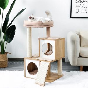 PAWZ Road Arbre a Chat en Bois Design Moderne et Solide Arbre à Chat avec Grattoir Sisal Pompon suspendu Panier 89cm Beige