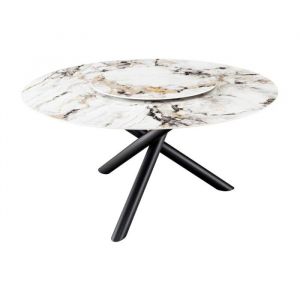 Table AXYA &ndash; Ronde 150 cm &ndash; Plateau en c&eacute;ramique et verre tremp&eacute; effet marbre blanc avec plateau sup&eacute;rieur tournant