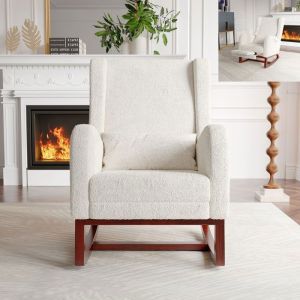 Fauteuil à Bascule  Rocking Chair avec pieds en bois massif  Avec Repose-Pieds Extensible  poches et coussin  Beige