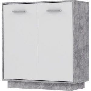Petit buffet - Meuble de rangement PILVI - 2 portes - Blanc et béton clair - L 829 x P 342 x H 881 cm