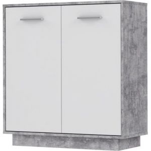 Petit buffet - Meuble de rangement PILVI - 2 portes - Blanc et béton clair - L 82,9 x P 34,2 x H 88,1 cm