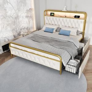 Lit adulte 160X200cm avec sommier Lit capitonné en velours avec cadre de lit en métal Lit deux places avec LED et USB Type C