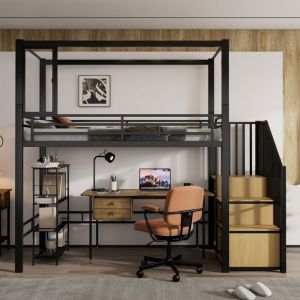 Lit mezzanine 90x200 structure métal robuste escalier rangements intégrés fenêtre magnétique espace inférieur polyvalent