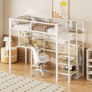 Lit Mezzanine avec Bureau et Escalier  Lit Mezzanine 1 Place pour Enfant et Adulte avec Etagères de RangementArmoireBlanc90×200