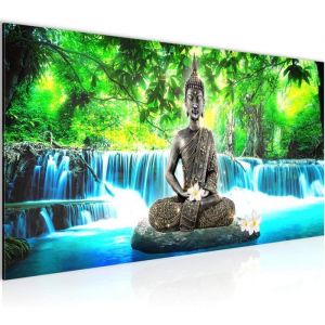 Art Tableau Decoration Murale Bouddha Cascade Moderne Toile Salon Salle La Nature Bleu Vert 50*120cm sans Cadre