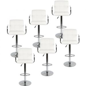Tabouret de Bar en Cuir HUOLE - Hauteur R&eacute;glable et Pivotant - Lot de 6 - Blanc