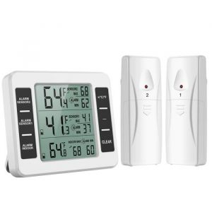 Thermomètre de Frigo Congelateur Thermomètre de Réfrigérateur sans Fil avec 2 Capteurs Alarme Sonore Min/Max Thermomètre