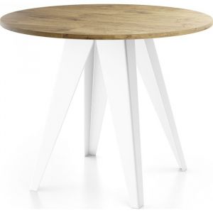 Table &agrave; manger extensible &ndash; Griffin &ndash; Ronde &ndash; Ch&ecirc;ne Lancelot &ndash; Pieds m&eacute;tal blanc &ndash; Style industriel &ndash; 90-130 x 90 x 76 cm