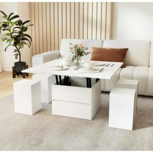 Table Basse Salon Relevable 3 en 1 - LIFEZEAL - 4 Tabourets Cach&eacute;es - Tiroir et 2 Plateaux Rabattables - 4-8 Personnes - Blanc