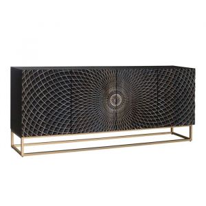 Buffet KOSMOS 180 cm &ndash; Bois massif noir sculpt&eacute; 3D &ndash; Pieds m&eacute;tal dor&eacute;