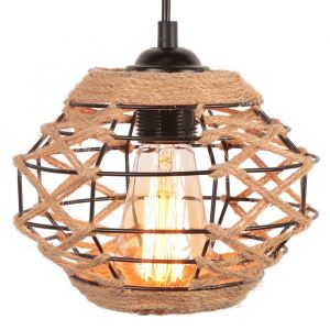 TOKIUS Suspension Lustre Corde de Chanvre Lampe &agrave; Suspension Vintage en M&eacute;tal Luminaire Rustique &agrave; Douille E27 pour Chambre Salon