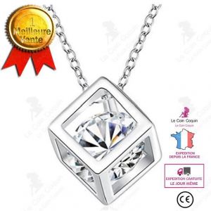 LCC&reg; Cadeau Saint Valentin collier femme en argent 925 cristal swarovski cube fantaisie avec bo&icirc;te rose &eacute;ternelle rouge cadeau