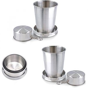 2 Pi&egrave;ces Gobelet Pliable Acier Inoxydable Gobelet Retractable 150 ml Verre de Voyage Pliable avec Porte-Cl&eacute;s pour Camping Label