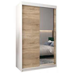 Armoire &agrave; 2 Portes Coulissantes avec Miroir Tringle et &Eacute;tag&egrave;res - ABIKSMEBLE Tokyo 2 120 - 120x200x62 cm Blanc et Sonoma