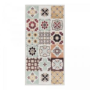 Tapis salle de bain 50 x 80 cm multicolore beige vert motif g&eacute;om&eacute;trique original et structur&eacute;