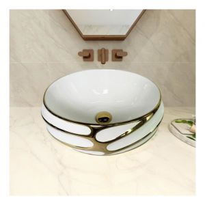 MEJE Évier en relief de 44.9cm avec motif doré évier de salle de bain au-dessus du comptoir lavabo en porcelaine et céramique.
