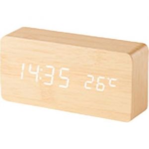R&eacute;veil num&eacute;rique en bois contr&ocirc;le vocale  LED minuterie &eacute;lectronique thermom&egrave;tre pour salon bureau Jaune Affichage lumineux Blanc