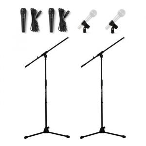 2 Pieds de Microphone professionnel t&eacute;lescopique avec PERCHE potence + 2 fixations support Micro + 2 MICROS DYNAMIQUE HQ