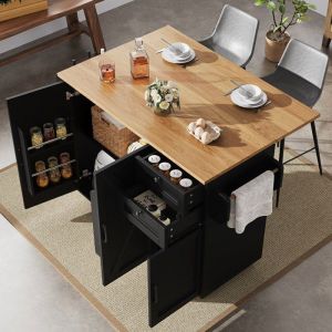 Desserte de cuisine à roulettes 120x43-71x92cm Îlot central de cuisine avec plan de travail extensible 2 tiroirs 3 portes - noir
