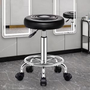 Tabouret de Bureau - Salon de Coiffure - Pivotant 360&deg; &agrave; Hauteur R&eacute;glable - Si&egrave;ge Rembourr&eacute; - Simili Cuir avec Roulettes (Noir)