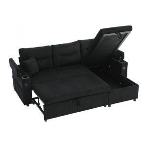 Canap&eacute; convertible 3 places canap&eacute; relaxcanap&eacute; coffreUSB velours c&ocirc;tel&eacute; et bois 212.5*136*86noir