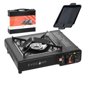 EVOCAMP Réchaud de camping 1 feu à gaz et plaque de cuisson BBQ carrée 38 cm cuisinière à gaz portable pour MSF-1a 227g cartouche
