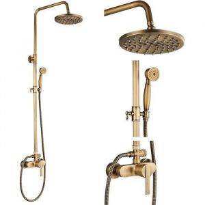 junsottor Colonne de Douche rétro- Laiton Antique - Ensemble de Douche Système avec étagère-Robinet Mitigeur-Pommeaux de Douche 8