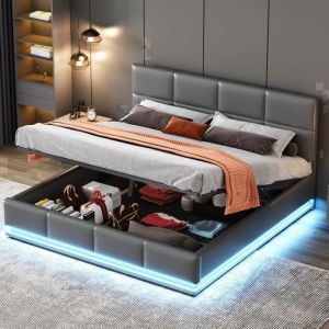 Lit Coffre 160x200 cm - OKWISH - Simili Cuir Gris - LED Multicolores - Sommier &agrave; Lattes - 2 Places
