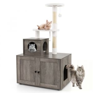Arbre à Chat en Bois 132 cm COSTWAY Tour pour Chats avec Cache-Litiere 2 Plateformes Condo Poteaux à Griffer en Sisal Ivoire