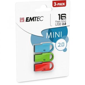 Cl&eacute; USB EMTEC D250 Mini - 16 Go - USB 2.0 - bleu rouge vert (pack de 3)