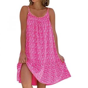 ROBE Robe de Plage Femme Robe Fleurie Bohème Bretelles Spaghetti sans Manche Casual Ete Femme Mi-Longue Robe Col Rond Rose