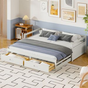 Lit Banquette Extensible avec 2 Tiroirs de Rangement 90x200cm - Pin Massif Blanc