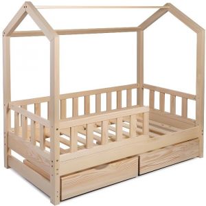 Lit cabane en bois pour enfant avec sommier et barrière avec tiroir 120 cm x 200 cm - solide et robuste